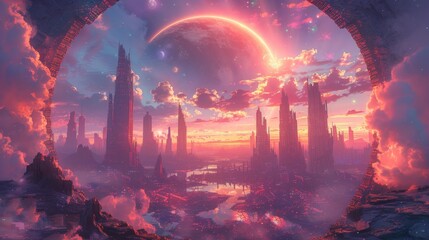 Fototapeta premium Futuristic sci-fi cityscape at sunset - generative ai