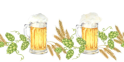 Beer frothy mugs surrounded by green hops, golden barley ears in watercolor. Seamless border clipart for Oktoberfest banners, beer festival flyers, pub decor, bottle labels, promotions