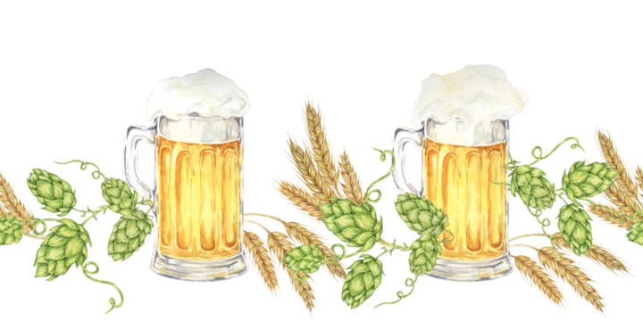 Beer frothy mugs surrounded by green hops, golden barley ears in watercolor. Seamless border clipart for Oktoberfest banners, beer festival flyers, pub decor, bottle labels, promotions - Powered by Adobe