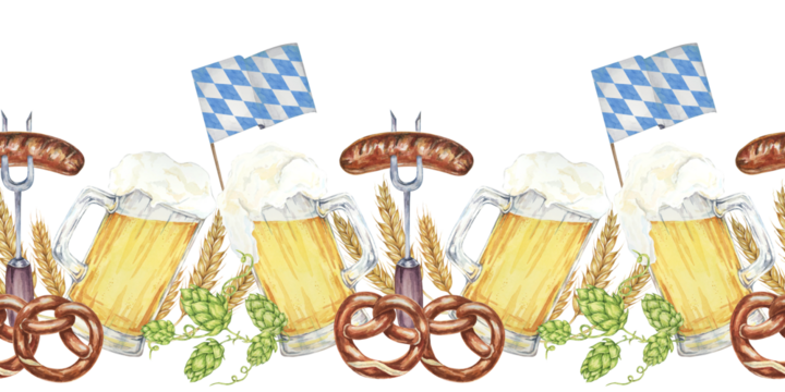 Frothy beer mugs, pretzels, hops, barley, sausages and Bavarian flags festive clipart. Watercolor seamless border, banner for Oktoberfest advertising, beer garden signage, and festive party