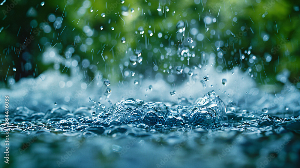 Poster close-up of rain droplets hitting a surface, creating a splash with blurred green foliage in the bac