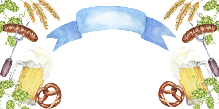 Frothy beer mugs, hops, barley, pretzels, sausages, and a blue ribbon watercolor clipart. Banner design for Oktoberfest promotional materials, bar menus, and festive event invitations