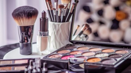 Beauty Blogger Reviewing Makeup Products in Modern Studio Setup.