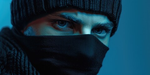 Naklejka premium A man wearing a black hat and scarf, outdoors