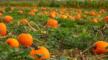 Pumpkins in a field stock images.