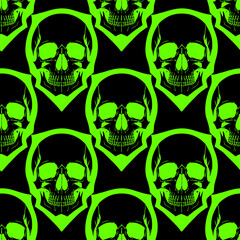 seamless symmetrical pattern of green human skulls on a black background, texture, design