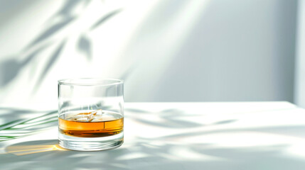 Whiskey glass with ice cubes sitting on white surface, illuminated by natural sunlight filtering through leaves. scene emphasizes simplicity and elegance with minimalist aesthetic.