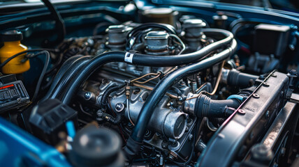 car engine with black hoses.generative ai