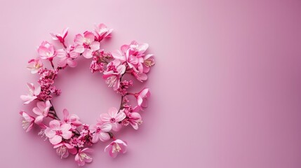 Pink floral wreath on pink backdrop flat lay with copy space