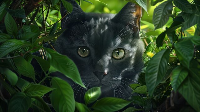 Oculto en un enclave exuberante, un gatito de ojos grandes y melena monocrom&Atilde;&iexcl;tica contempla su dominio verde, encarnando el esp&Atilde;&shy;ritu sereno de la cuna de la naturaleza.