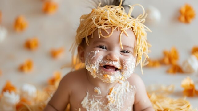 Baby covered in spaghetti, smiling at the camera, capturing adorable mealtime mess