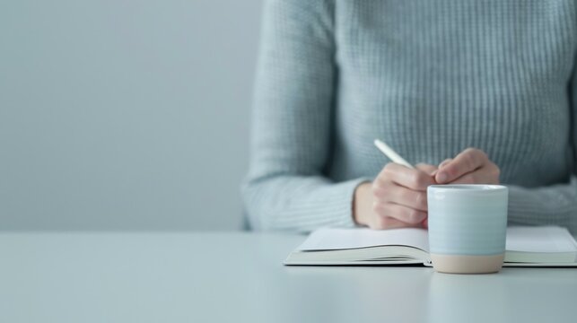 Woman writing with coffee cup and open book on table, closeup, serene atmosphere, copy space