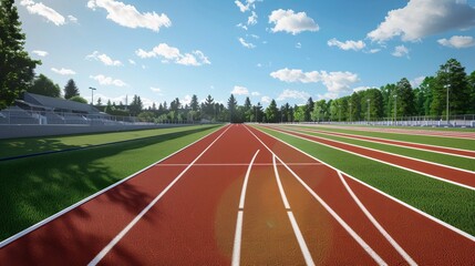 An outdoor running track with well-defined lanes, surrounded by lush green trees. The sky is clear and sunny, perfect for a day of training and exercise.