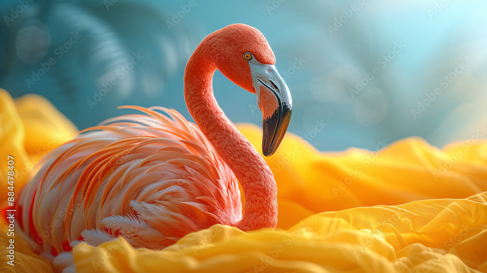 Poster a beautiful flamingo nestled on a yellow ribbon with a clean azure background, creating a serene and