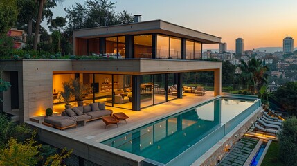 Fototapeta premium A modern house with a pool and a view of the city.