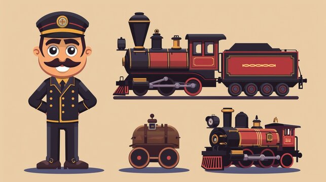 Illustration showing a cartoon train conductor in his uniform, standing beside beautifully detailed vintage trains and vintage equipment, with a neutral beige backdrop.