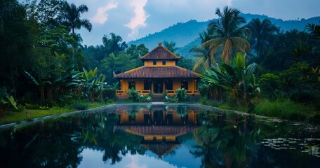 A small pagoda is reflected in a pool.