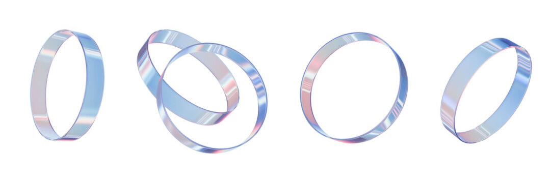 3D glass circle icon set, glossy abstract futuristic ring kit, transparent minimal crystal object. Technology dynamic fluid effect structure composition, ice texture. Realistic render 3D circle decor