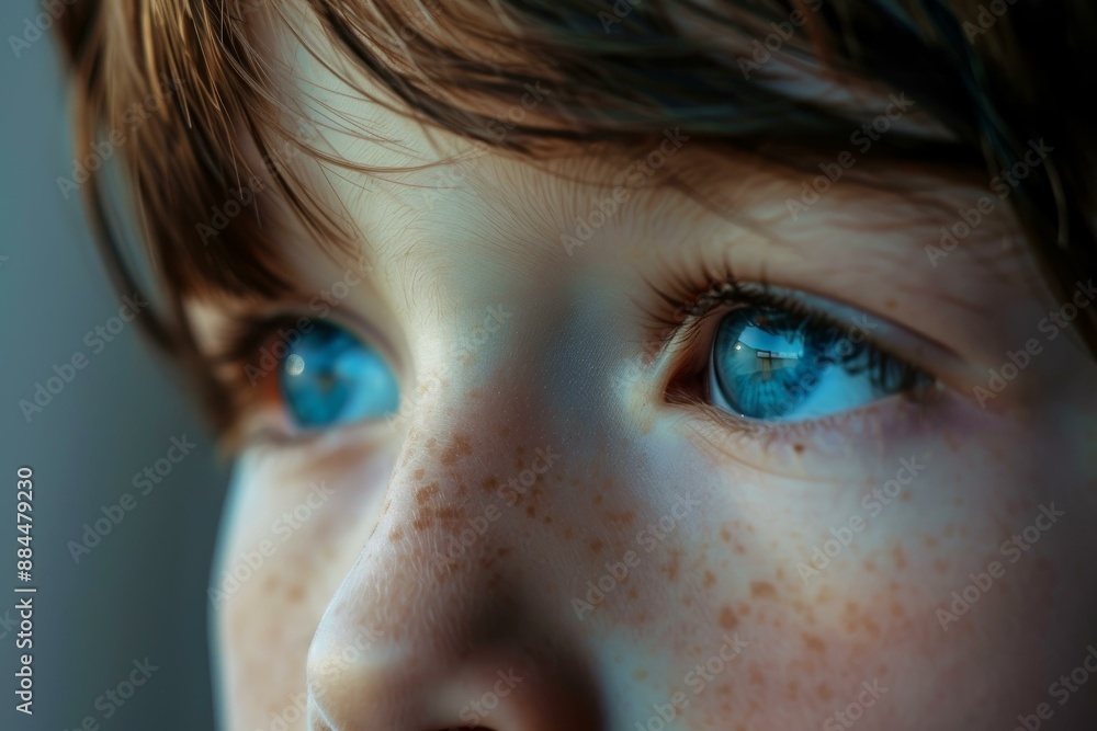 Poster macro shot of a child's face focusing on the eyes with a captivating reflection and freckles