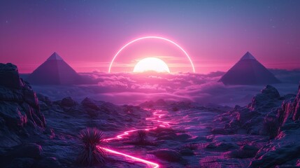 Surreal landscape with pyramids and neon pink sun - generative ai