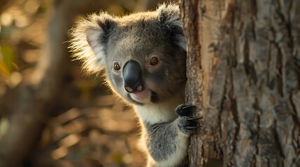 Obraz premium A cute koala baby peeking out from behind a tree trunk, its soft fur and big, bright eyes making it look irresistibly charming.