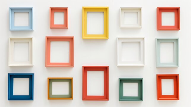 Empty picture frames in solid colors arranged symmetrically on a white wall