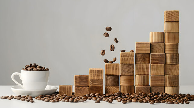 Creative coffee beans and wooden blocks composition symbolizing growth, with white cup on a gray background. Minimalist conceptual image.