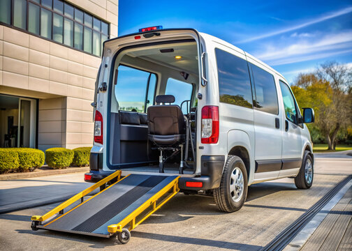 Accessible wheelchair lift-equipped vehicle with ramp and securement system parked outside medical facility, ready for transportation to appointments for people with mobility impairments.