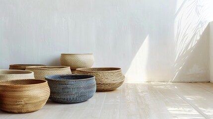 Solid colored baskets arranged neatly in a minimalist room