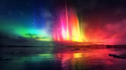Naklejka premium A dreamy landscape featuring a colorful aurora dancing gracefully over a tranquil night sky, illuminating the darkness with its vibrant hues.