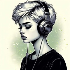 Fototapeta premium Teenage girl with a white pixie haircut in a black T-shirt listens to music