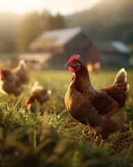 Chickens roam freely in a sunlit, rural farm setting with a rustic barn in the background, creating a serene and natural atmosphere