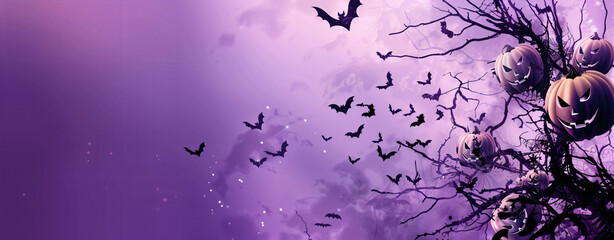 Halloween Bats and Pumpkins on Purple Background.