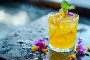 Glass of iced herbal tea garnished with edible flowers, served on a moisturecovered surface