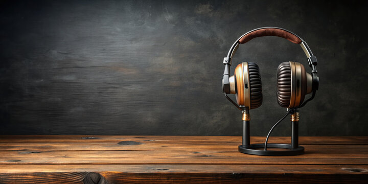 Empty wooden table with vintage headphones and a classic microphone against a black wall, awaiting text or branding, perfect for podcasting and radio concepts.