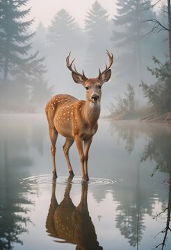 Deer in Misty Forest by a Lake portrait vertical shot