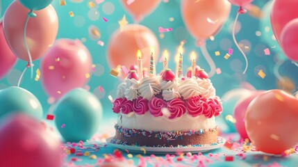 Beautiful happy birthday Background With Balloons, cake with candel and happy birthday texted on it Generative Ai technology