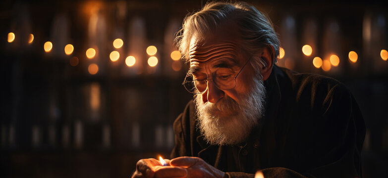 Religious jew reading torah in synagogue by candlelight, Rosh Hashanah,Judaism, Passover. Banner