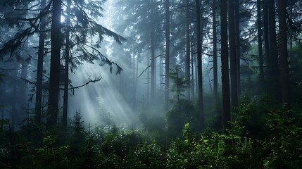 Obraz premium A foggy morning in a dense forest, with tall trees and thick underbrush, the fog creating a mystical and ethereal atmosphere.