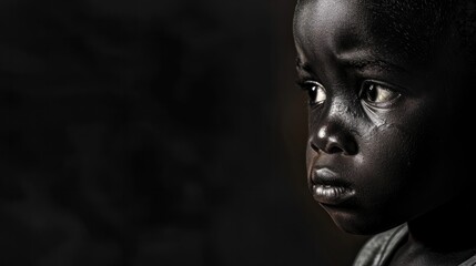 Obraz premium Charcoal background sad black American African child Portrait of young beautiful kid Isolated Background racism skin color depression anxiety fear