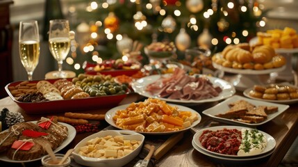 Obraz premium Christmas Dinner table full of dishes with food and snacks, New Year's decor with a Christmas tree on the background.