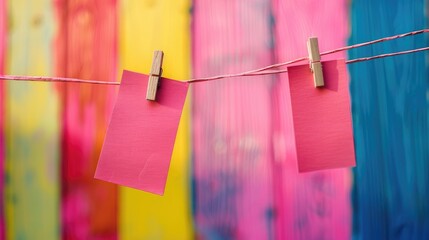 Text on pink paper pinned to clothesline in front of colorful background