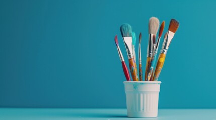 Obraz premium Colorful Paint Brushes in Artistic Pot on Blue Background - A vibrant collection of paint brushes in a creatively painted pot against a bright blue background, ideal for artistic and creative concepts