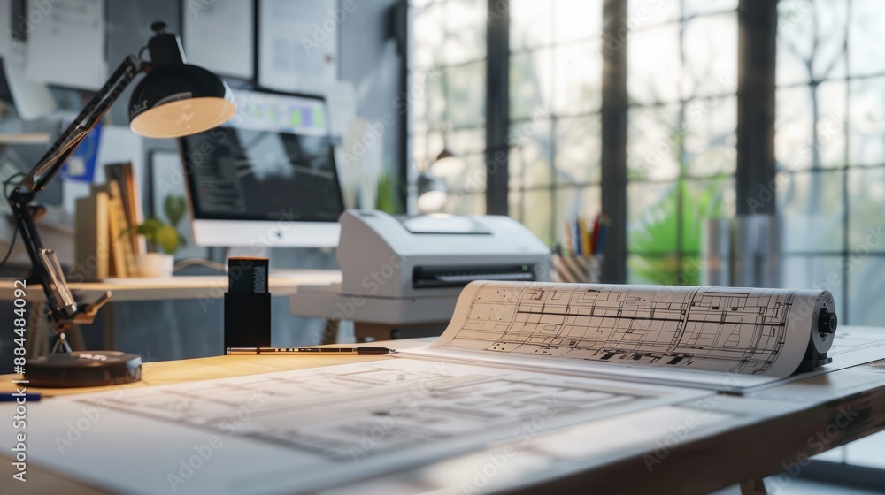 Poster Draw technical drawings with this wide banner featuring a professional large format plotter that works in engineering offices.