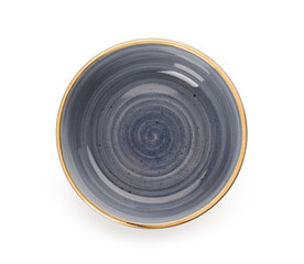 Empty ceramic blue bowl on white background. Top view