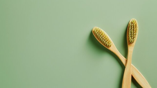 Eco conscious bamboo toothbrushes on green background top view with space for text Promoting zero waste and organic products