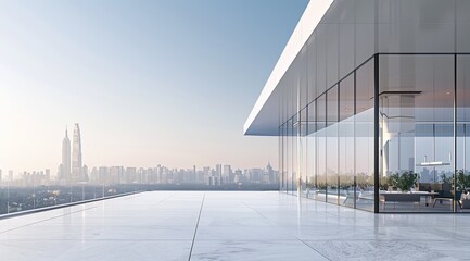 Realistic rendering of an office building exterior with large glass windows overlooking the city skyline, creating a bright and airy atmosphere for business activities. 