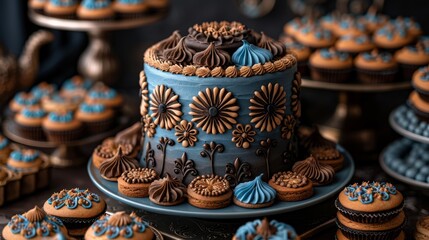 Fototapeta premium Elegant floral themed cake and desserts - generative ai