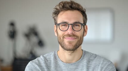 Obraz premium Portrait of a software engineer at home, smiling, glasses, beard, relaxed