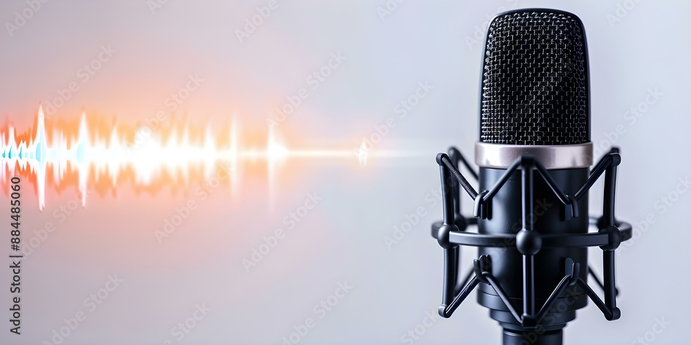 Poster professional microphone set with digital waveform displayed on light background for podcasting. conc
